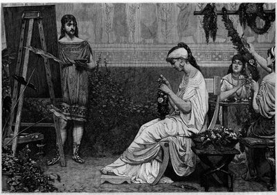 Glycere poseert voor de Griekse schilder Pausias (4e eeuw v.Chr.) voor het schilderij 