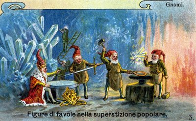 Kabouters, personages uit fabels in de volksverhalen. Chromolithografie door Unknown artist