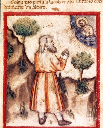God vraagt Jakob om naar Bethel te gaan en een altaar te bouwen Miniatuur uit codex 212 (of padovano codex of Bijbel van Padua) 1390-1400 Rovigo, Accademia dei Concordi door Unknown artist