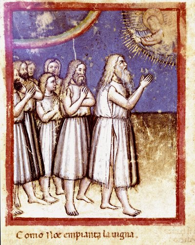 God zegende Noach en zijn familie, overlevenden van de zondvloed door Unknown artist