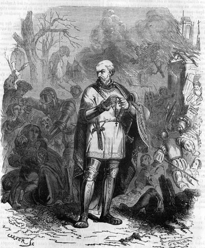 God behoede ons voor de pijnen van Monsieur de conétable! , De constable van Montmorency rond 1548 in militaire campagne. Gravure uit de 19e eeuw door Unknown artist