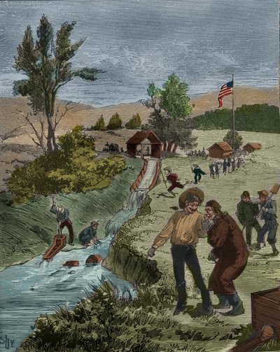 Goudkoorts: goudzoekers in Californië die grind wassen in een stroom met een zeef, vestiging van kapitein Sutter. Gravure uit 1885 in 