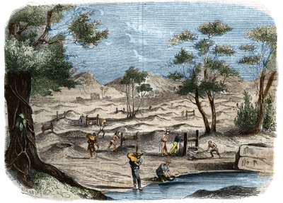 Goudkoorts in Australië: zicht op goudzoekers in de goudvelden van de stad Bendigo. Gravure uit 1856 in 