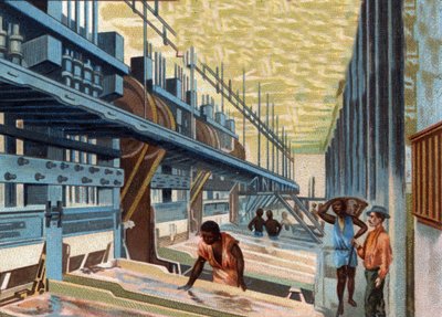 Goudwinning. Het malen van het erts in de pot wordt gewassen met veel water en passeert vervolgens over de koperen platen om het goud van de andere materialen te scheiden. Chromolithografie uit de late 19e eeuw. door Unknown artist