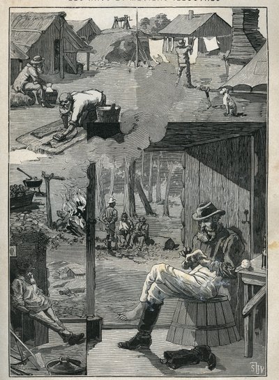 Goudzoekers in Australië: tafereel uit het dagelijks leven van mijnwerkers tijdens hun rustdagen (schoonmaken en drogen van linnen, sokken, enz.). Gravure uit 1885 in 