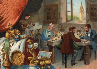 Goudsmid werkplaats, juwelier: lassen en graveren van goud. door Unknown artist