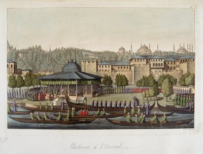 Regering van de Ottomanen: audiëntie bij de admiraal - in "Het oude en moderne kostuum" door Ferrario, ed. Milaan door Unknown artist