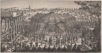 Groot banket gegeven door Tamerlan (1336-1405) in de vlakte van Khani Gheul om het huwelijk van zijn kleinkinderen te vieren. Gravure 19e eeuw. door Unknown artist