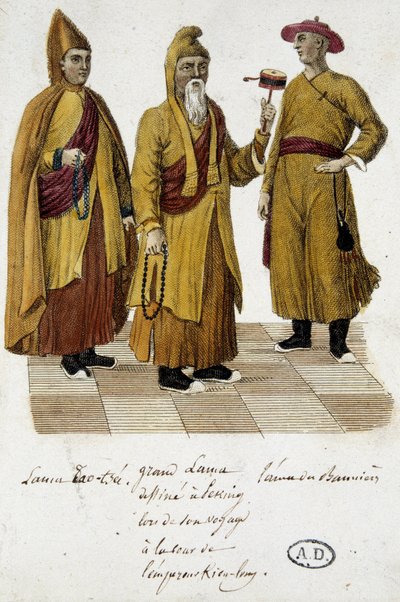 Grote Lama en Lama Lao-Tseu (?) bezoeken het hof van Peking - gravure door Unknown artist