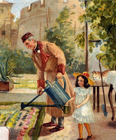 Grootvader tuiniert met zijn kleindochter chromolithografie eind 19e eeuw door Unknown artist
