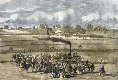 Groot-Brittannië: Landbouw, ploegscène. Boydell stoomploeg bij Louth in 1854. door Unknown artist