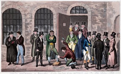 Groot-Brittannië Gevangenis: Een doodvonnis is gehecht aan de Newgate-gevangenis in Londen (vaak genoemd in de romans van Charles Dickens). Gravure rond 1823. Bibliotheek van Decoratieve Kunsten. door Unknown artist