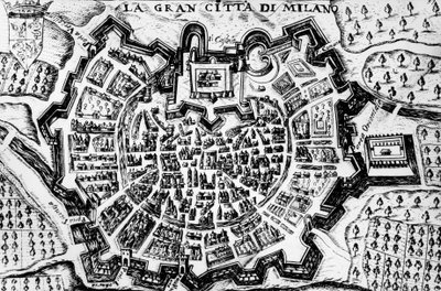 Grote stad Milaan, gravure van kaart van Milaan door Unknown artist