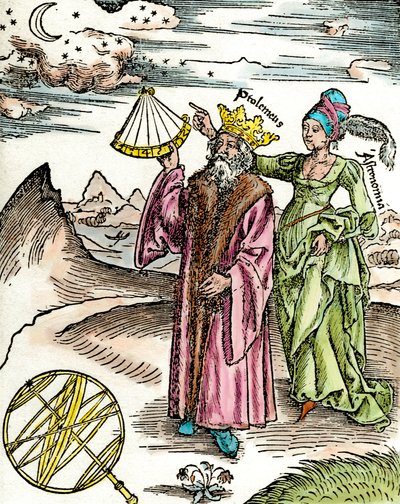 Griekse astronoom Claudius Ptolemaeus met een sextant en astronomie door Unknown artist
