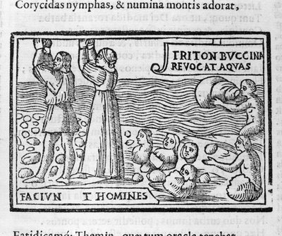 Griekse mythologie: Deucalion en Pyrrha gooien stenen die mensen voortbrengen na de zondvloed om de aarde te bevolken. Houtsnede van de 16e eeuw door Unknown artist