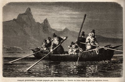 Groenlandse Umyak, type boot bediend door vrouwen. Gravure ter illustratie van de reis naar de vrije zee van de Noordpool, door dokter Hayes, chirurg van de Amerikaanse marine, in 1860-1862, gepubliceerd in 