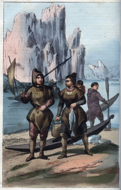 Groenlandse mannen en vrouwen die terugkeren van het vissen - gravure uit 