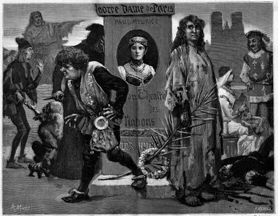 Gringoire, Quasimodo, La Esmeralda, La Sachette en Phoebus. Hoofdpersonen in het toneelstuk 