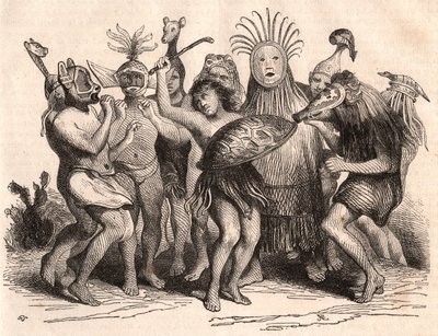 Groep Braziliaanse wilden dansend met kostuums, maskers en traditionele hoofdtooien door Unknown