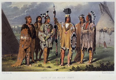 Groep van zes Indiaanse stamhoofden - in "Wandering of an artist among the indians of north america" door Paul Kane, Longmans & Roberts, Londen door Unknown artist