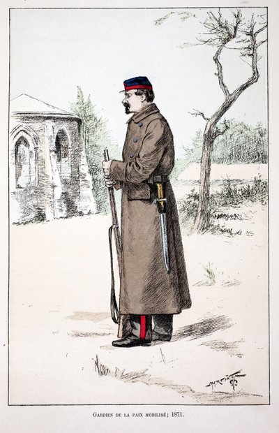 Vredesbewakers mobiliseren (1871). Kleurgravure, ter illustratie van het boek Histoire du corps des gardiens de la paix, gepubliceerd onder auspiciën van Louis Lepine (1846-1933) prefect van politie van de Seine, door Alfred Rey (1864-?) en Louis Feron (18 door Unknown artist