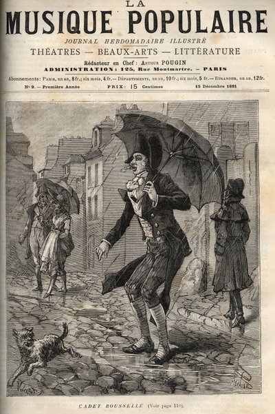 Guillaume Joseph Rousselle, genaamd Cadet Rousselle (1743-1807), Franse deurwaarder, in de regen in een straat van Parijs (gravure in 