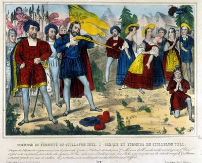 Guillaume Tell (legendarische held van de Zwitserse onafhankelijkheid). De barbaar Gesler dwingt Guillaume Tell om met een pijl een appel van het hoofd van zijn kind te schieten. Gravure uit de 19e eeuw door Unknown artist