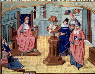 Guy van Chauliac, chirurgijn leraar. Aan zijn rechterkant 6 luisteraars en aan zijn linkerkant 3 personages die de geschiedenis van de geneeskunde samenvatten: Claude Galien, Griekse arts uit de oudheid, Avicenna, Perzische arts door Unknown artist