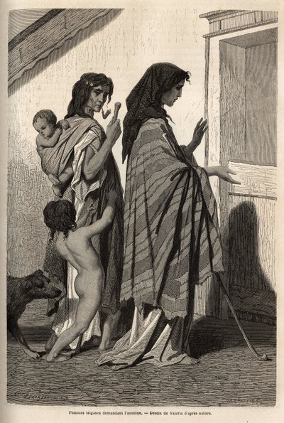 Zigeunervrouwen en kinderen, in vodden of halfnaakt, bedelend van deur tot deur in Essek (Donau-bekken). Gravure ter illustratie van de reisherinneringen onder de zuidelijke Slaven, door Georges Perrot, in 1868, gepubliceerd in 