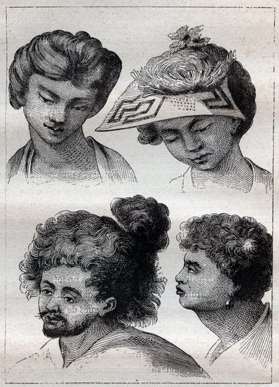 Kapsels van de inwoners van Tahiti - illustratie uit 