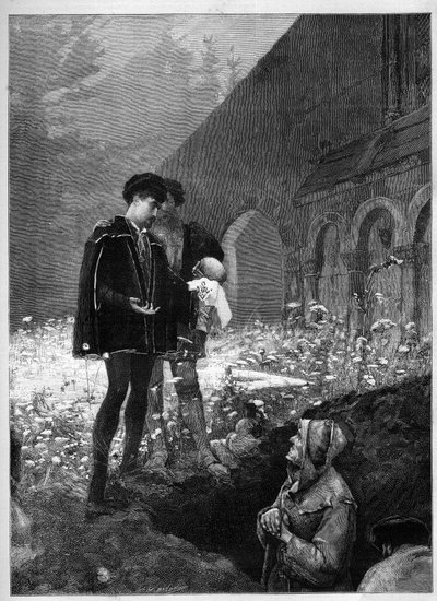 Hamlet op het kerkhof na het gelijknamige stuk van William Shakespeare (1564-1616). Gravure in 