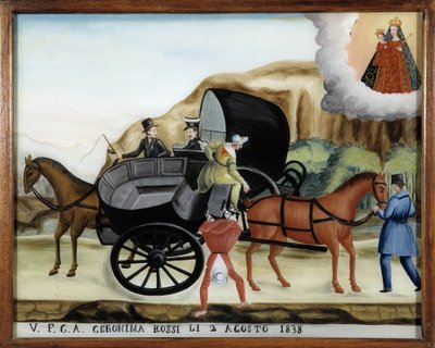 Hangen tussen twee carrioles en de val van een passagier - Schilderij op glas, ex-voto door Notre Dame de Laghet door Unknown artist