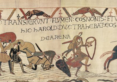 Harold trekt Normandische soldaten uit het drijfzand, Tapijt van Bayeux door Unknown artist