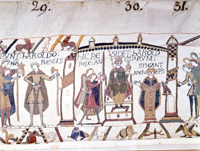 Harold II (1022 - 1066) werd uitgeroepen tot koning na de dood van Edward de Belijder in 1066 maar stierf al snel in de Slag bij Hastings. Tapijt van Bayeux of Borduurwerk door Koningin Mathilde door Unknown artist