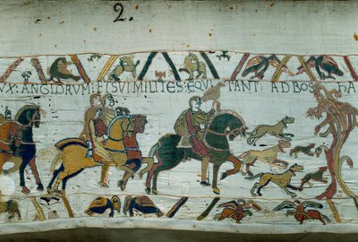 Harold, toekomstige koning van Engeland, werd door koning Edward de Belijder gestuurd om Willem de Veroveraar (1027-1087) te informeren dat hij zijn opvolger zou zijn voor de Engelse kroon. Het gaat naar de kust van de Manche. Detail van het Tapijt van Bay door Unknown artist