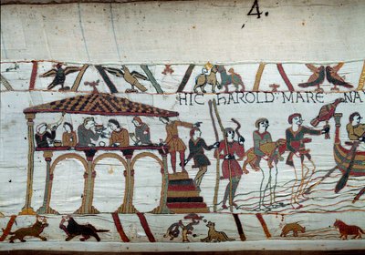 Harold wordt door de koning van Engeland Edward de Belijder naar Normandië gestuurd om hertog Willem de Veroveraar te informeren dat hij zijn opvolger zal zijn: de laatste maaltijd op land voor het inschepen naar Normandië (detail van het tapijt) door Unknown artist
