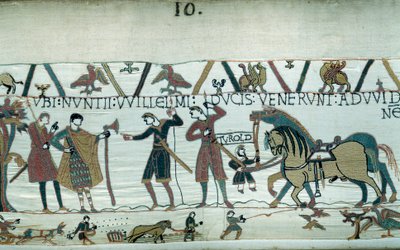 Harold, die de Hertog van Normandië Willem de Veroveraar informeerde dat hij opvolger van de Engelse kroon zou worden na de dood van Edward de Belijder, werd gevangengenomen door Graaf Guy de Ponthieu door Unknown artist