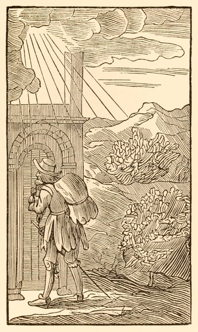 Hij die wil binnengaan moet eerst buiten staan kloppen aan de poort... uit The Pilgrims Progress From This World, To That Which Is To Come door John Bunyan door Unknown