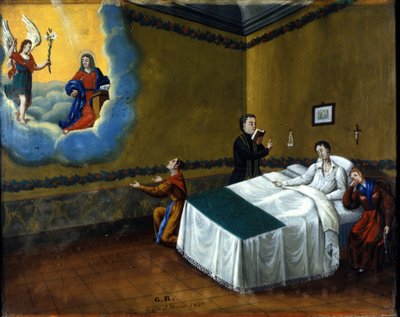 Genezing van een zieke. Ex voto uit 1840 van het heiligdom van Maria delle Grazie di Monza. door Unknown artist