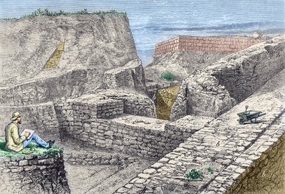 Heinrich Schliemann maakt tekeningen van de muren van Troje (Hissarlik) tijdens opgravingen door Unknown artist