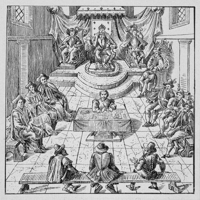 Hendrik III (1551 - 1589) houdt de Staten-Generaal in Blois in 1576 - in Collection of 39 figures representing the calamities of France from 1562 to 1586; Louis Perrin imprimerie door Unknown artist