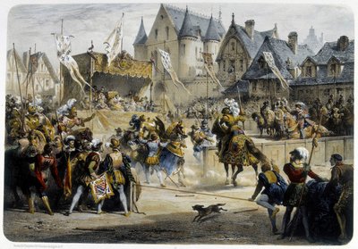 Henri II (1519 - 1559) dodelijk gewond door Montgomery tijdens het toernooi van 29 juni 1559, rue St Antoine, voor het Palais des Tournelles - lithografie door Unknown artist
