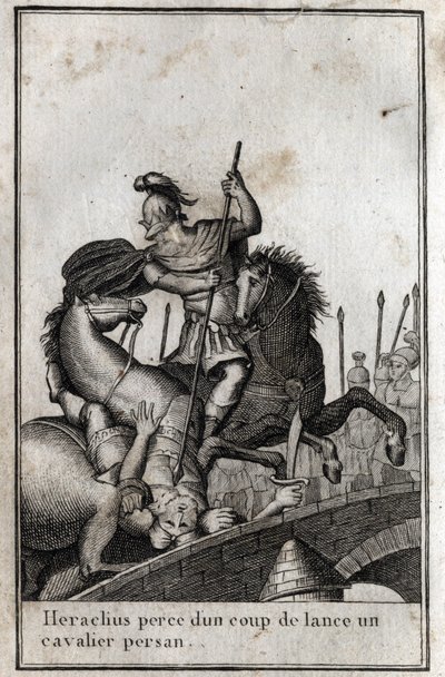 Heraclius I, Byzantijnse keizer, doorboort een Perzische ruiter (oorlog tegen de Perzen), 7e eeuw. Gravure in 