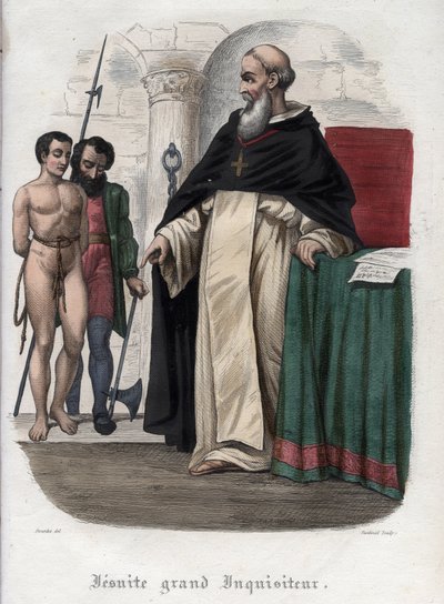 Ketterse gevangene en Jezuïet Grootinquisiteur tijdens het bewind van paus Clemens VIII (1592-1605). Gravure uit 1842 in Histoire des popes door Maurice Lachatre. Privécollectie. door Unknown artist