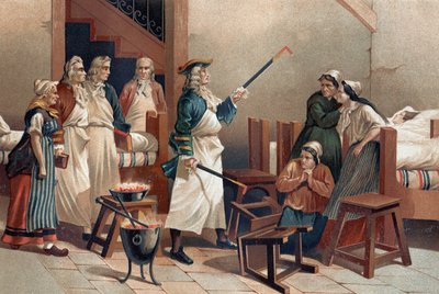 Hermann Leyde Boerhaave (1688-1738), Nederlandse arts met zijn studenten voor de hysterische vrouwen van het Leyde Ziekenhuis. Na 