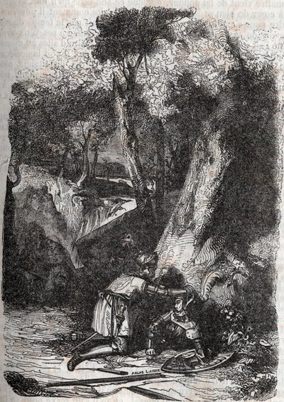 Hermonides omvergeworpen en gered door Zerbin - gravure van 1851 uit 
