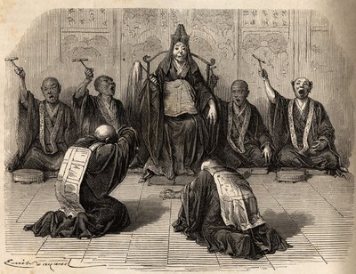 Hoge boeddhistische priester die aanbeden wordt, omringd door zijn discipelen die het ritueel ritmeren met gong en bekkens. Gravure ter illustratie van de reis naar Japan in 1863-1864, door Aime Humbert, minister van de Zwitserse Confederatie, in 