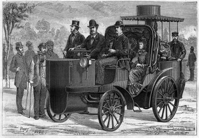Hogesnelheidsstoomauto (mancelle) door Amedee Ernest Bollee (1844-1917). Gravure in 