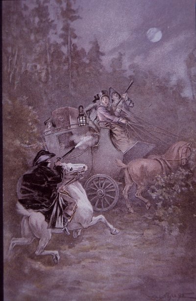 Struikrover overvalt postkoets in het begin van de 19e eeuw (kleur litho) door Unknown artist
