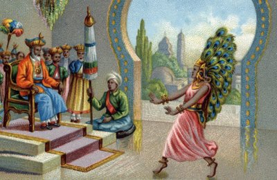 Hindoestaanse danseres versierd met pauwenveren: de inwoners versieren zichzelf met pauwenveren of maken waaiers. Chromolithografie van de 19e eeuw door Unknown artist